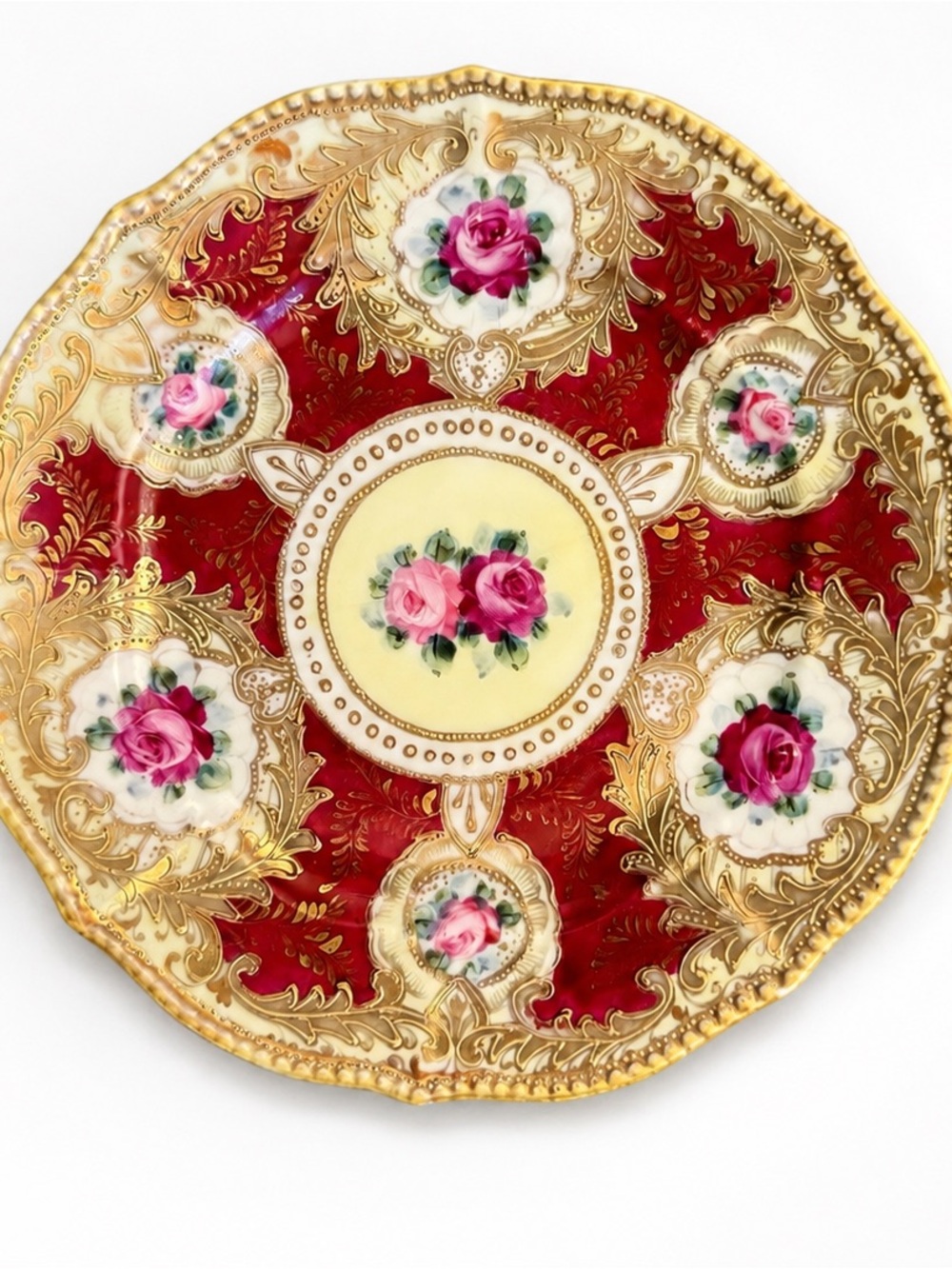 Vintage Hand Painted Porcelain Plate Red And Gold Floral Roses